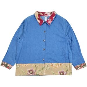 VTG Denim Shirt Womens XL Blue Embroidered Floral Cottagecore Boho Grandmacore